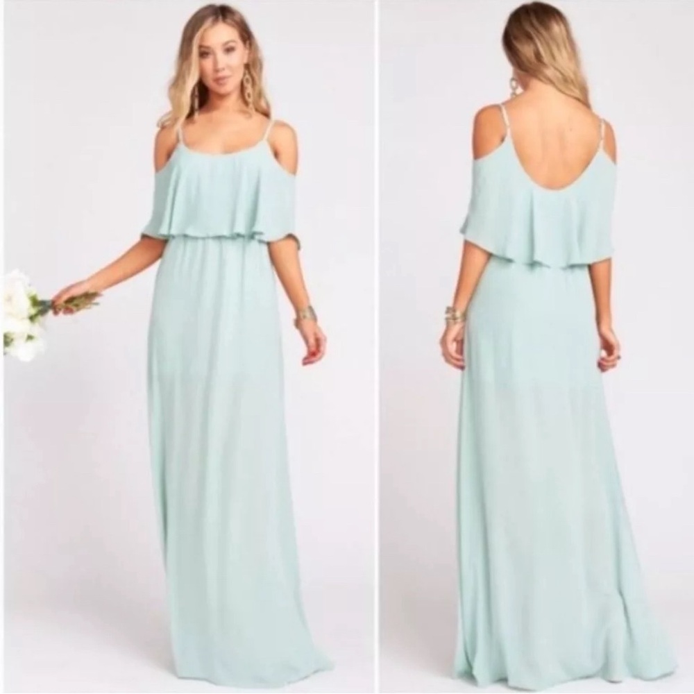 Show Me Your Mumu Caitlin Cold Shoulder Silver Sage Mint Maxi Dress Small